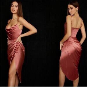 House of CB “Reva” Satin Gathered Corset Dress in Rose- Size M